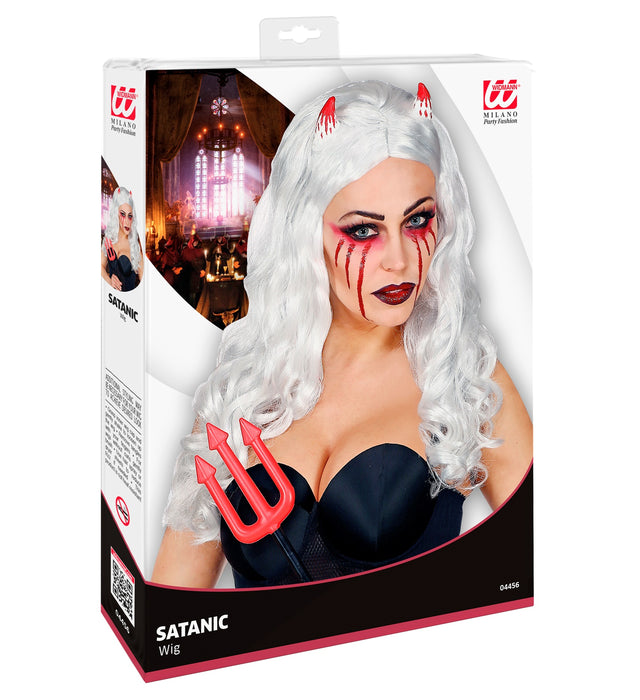 Perücke "Teufelin" mit Teufelshörnern | Weiß