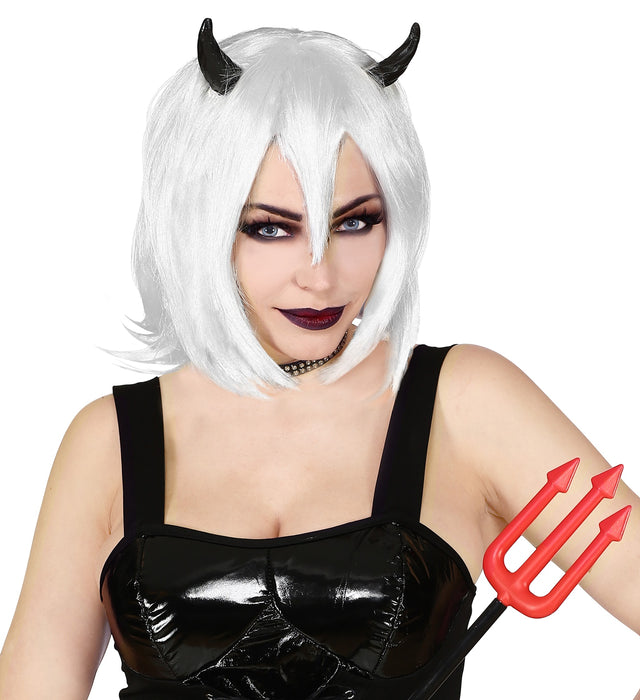 Perücke "Teufelin" mit schwarzen Hörnern | Weiß