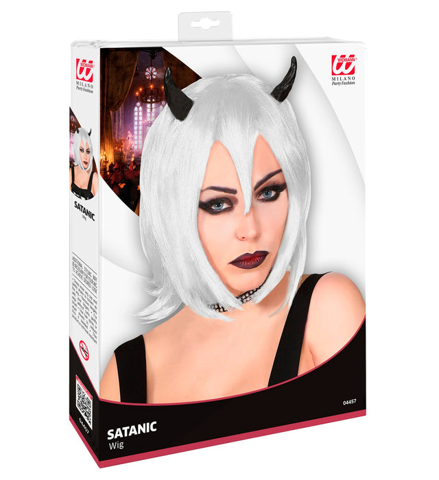 Perücke "Teufelin" mit schwarzen Hörnern | Weiß