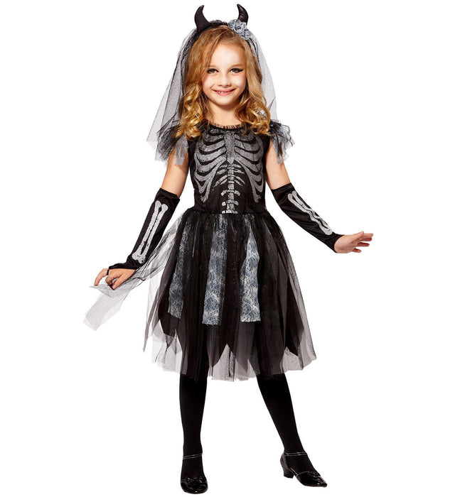 Teufelsbraut Kinderkostüm - Skelett Kleid mit Schleier | Grau Schwarz