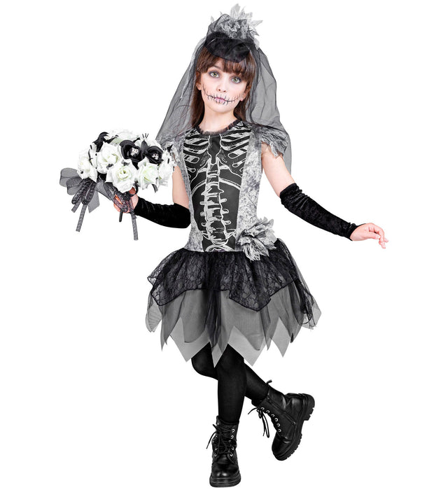 Geisterbraut Kinderkostüm - Skelett Kleid mit Schleier | Grau