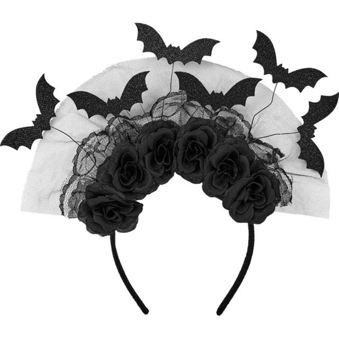 Halloween "Haarreif mit Fledermäusen & Rosen" | Schwarz/Weiß