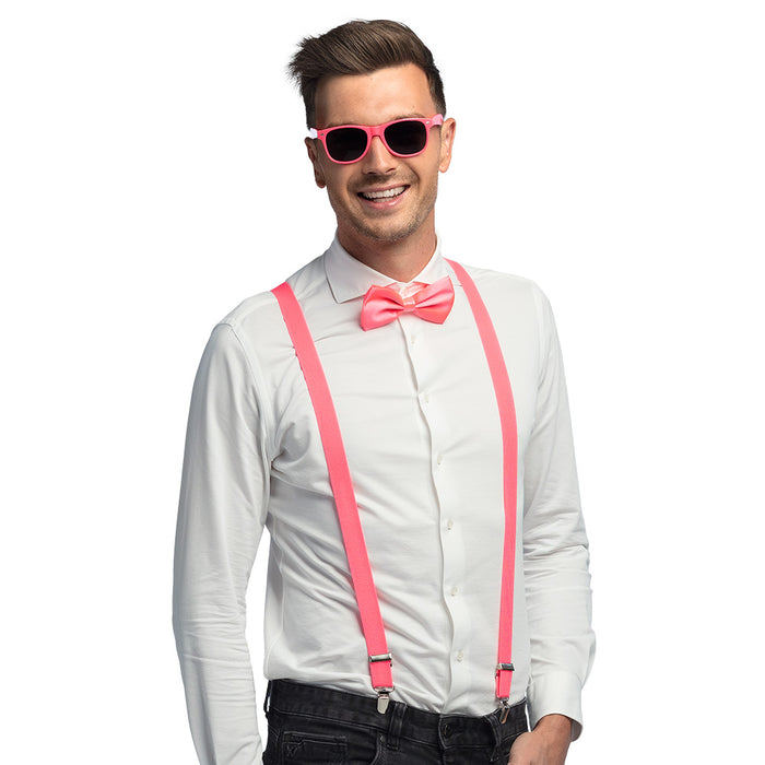 Partyset Hosenträger, Brille und Fliege | Neon Pink