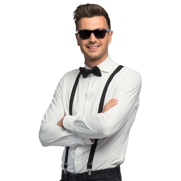 Partyset Hosenträger, Brille und Fliege | Schwarz