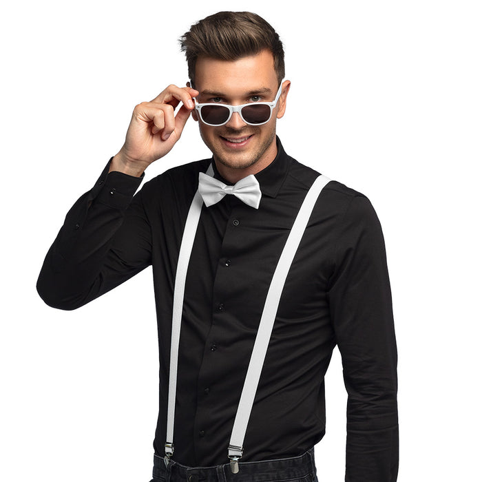 Partyset für Erwachsene | Weiß - Hosenträger, Brille und Fliege