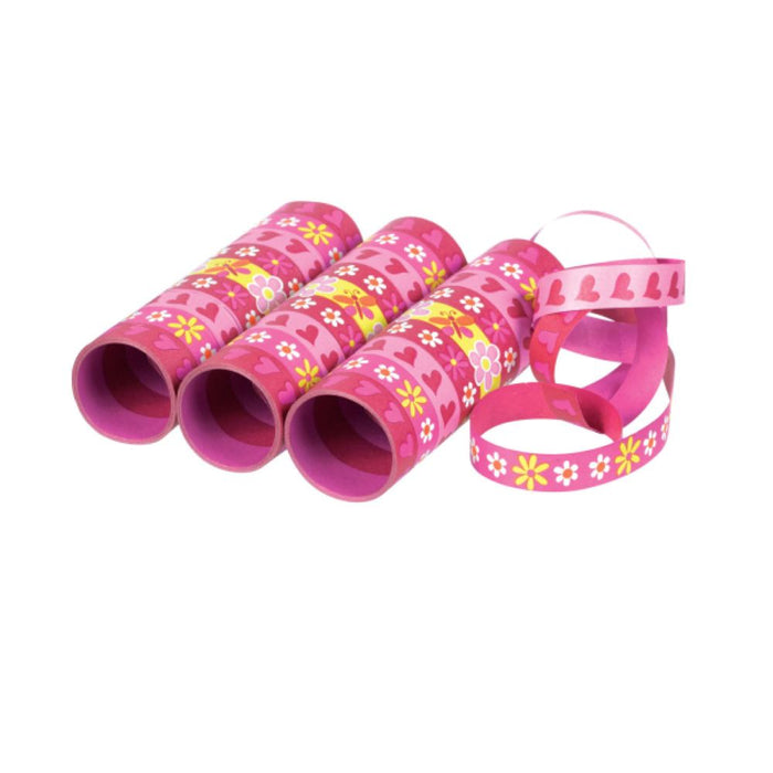 3 Rollen Luftschlangen mit Blumen und Schmetterlingen - 14 mm x 4 m | Rosa