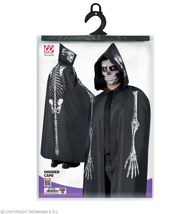 Skelett Umhang mit Kapuze für Erwachsene | Schwarz 150cm