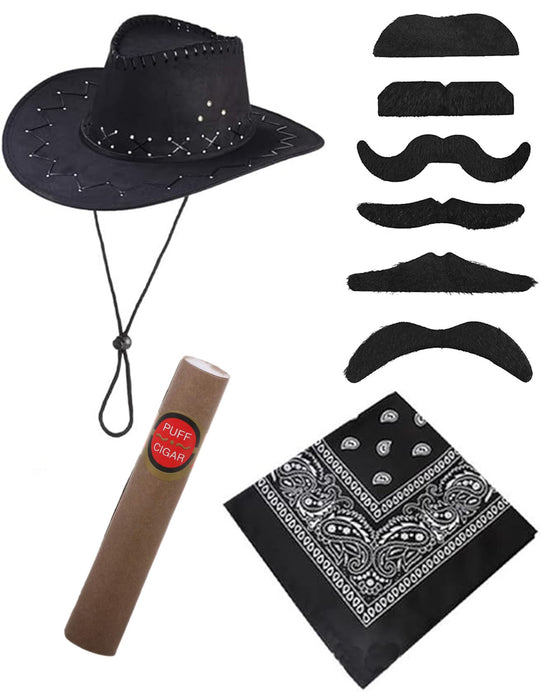 Cowboy Kostümset 9-teilg - 414044 | Schwarz - Cowboyhut, Halstuch und Bärte