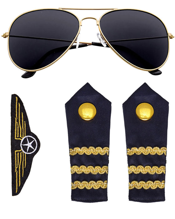 Kostüm-Set "Pilot" 4-tlg. Blau - 414046 | Brille Abzeichen Schulterklappen