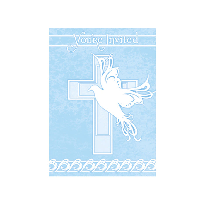 Einladung Kreuz & Taube blau