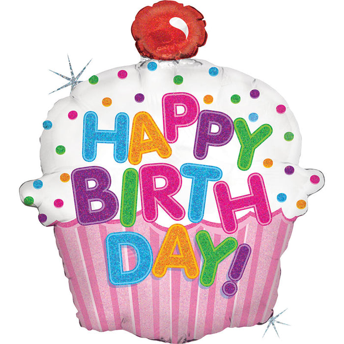 Shape Folienballon "Happy Birthday" Cupcake Holo | 78 cm