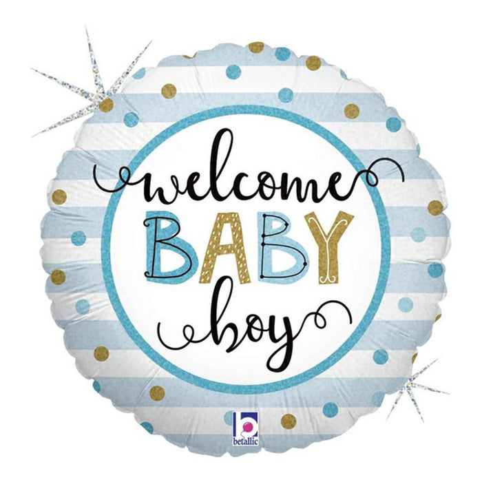 ABC18 Folienballon "Welcome Baby Stripes Holo Boy" | Ø 46 cm