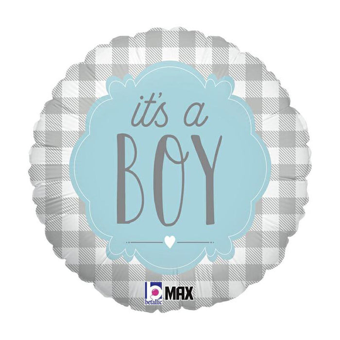 ABC18 Folienballon "It's a Boy Karo" | Ø 46 cm Babyparty Dekoration für Jungengeburt