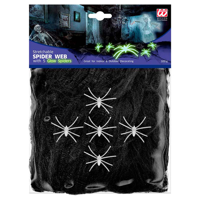 Spinnennetz Schwarz 100g mit 5 Neon Spinnen