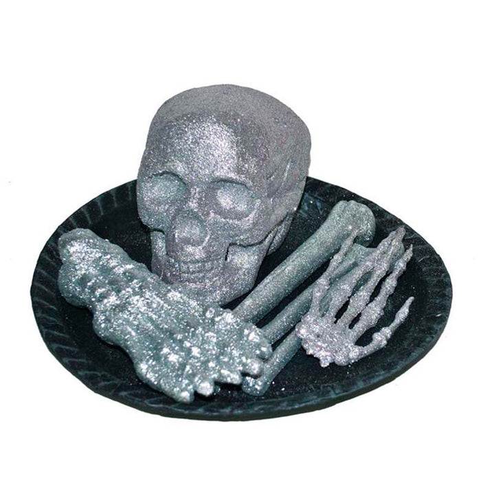 Teller mit Schädel und Knochen glitter