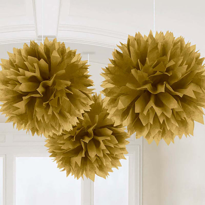 Fluffy Papier Pompons Ø 40 cm - 3 Stück | Gold
