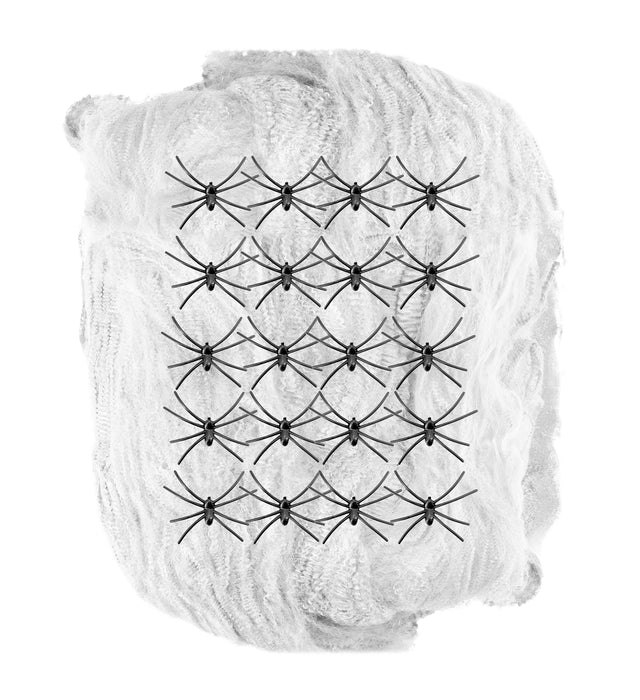 Weißes Halloween Spinnennetz | 500g mit 20 Spinnen Dekoration