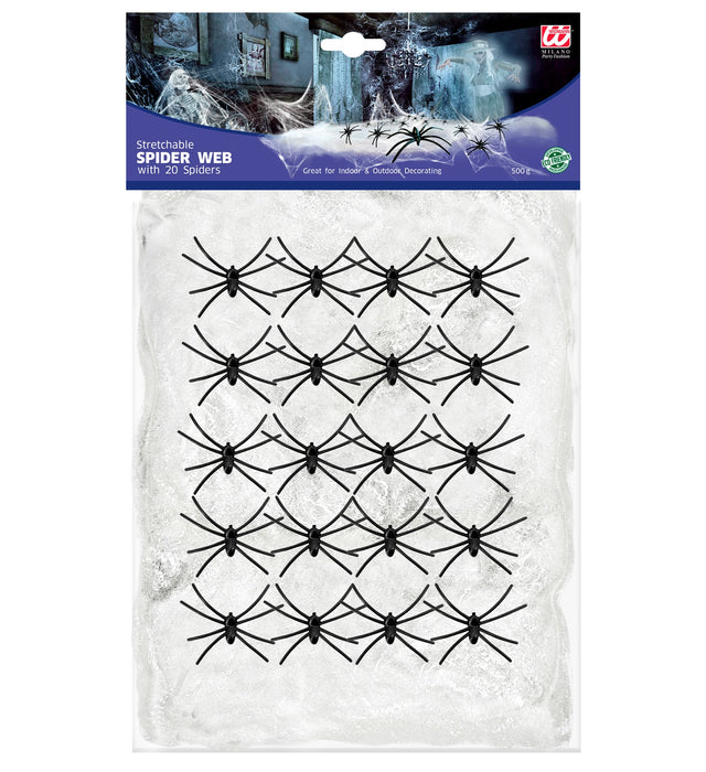 Weißes Halloween Spinnennetz | 500g mit 20 Spinnen