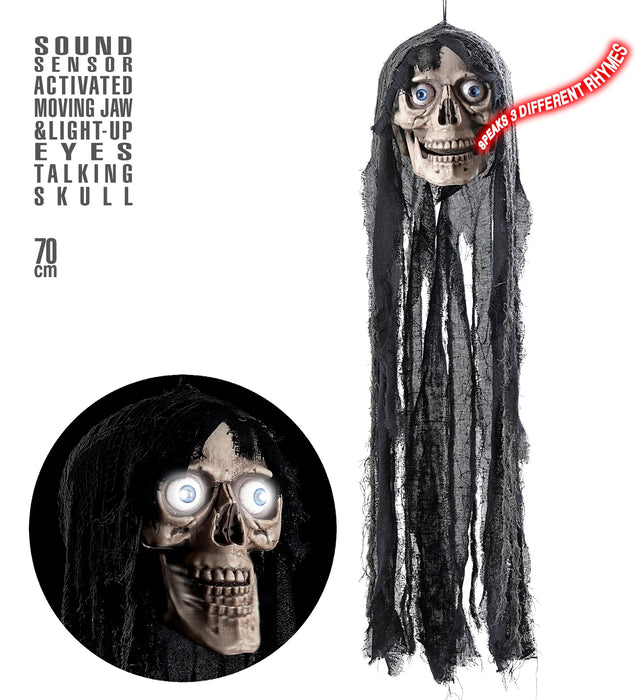 Anfrage erfolgreich Hänge-Figur Totenkopf mit Licht, Sound & Bewegung 70 cm | Der sprechende Schädel für deine Halloween-Deko