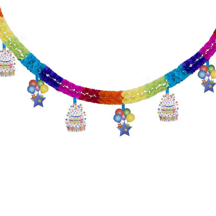„Birthday“ Girlande mit Torte 4 m | Mehrfarbig