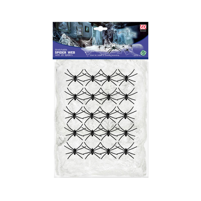 Weißes Halloween Spinnennetz | 500g mit 20 Spinnen Dekoration