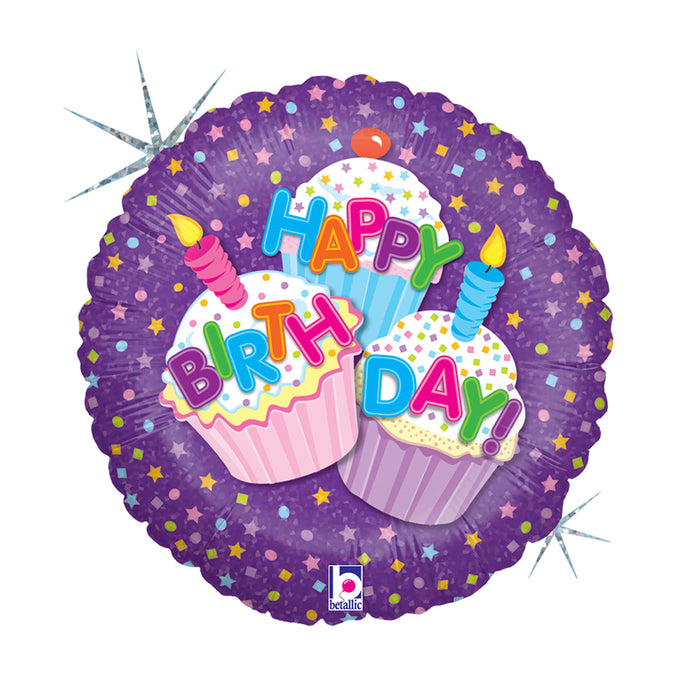 ABC18 Folienballon "Happy Birthday Cupcake" Holo | Ø 46 cm