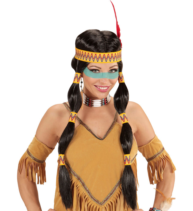 Perücke Squaw Indianerin mit Stirnband und Feder | Schwarz