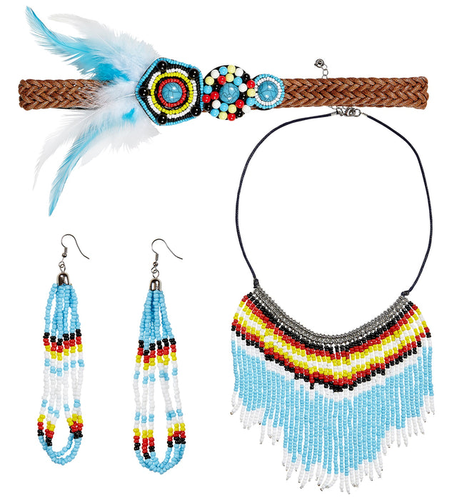 Indianerin Schmuck Set 4-tlg. | Mehrfarbig - Halskette, Stirnband und Ohrringe