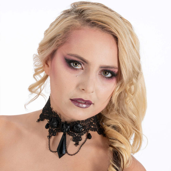Gothik Halsband "Black Roses and Pearls" | Schwarz - Choker Halskette Schmuck Halloween Kostüm