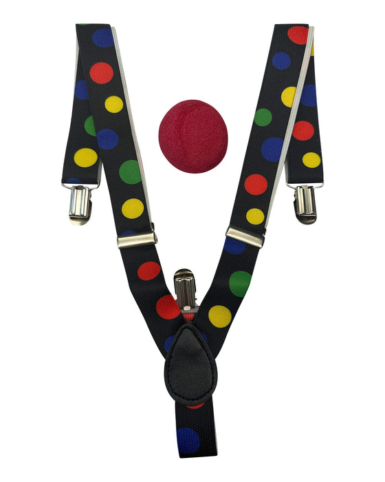 Clown Kostümset "Polka Dot" | Schwarz Bunt - Hosenträger und Clownsnase