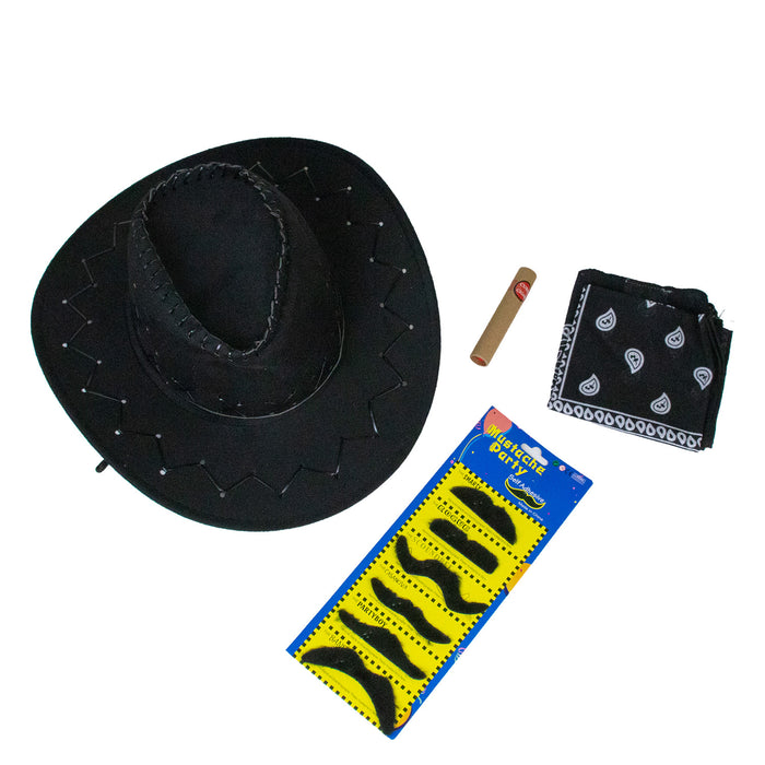 Cowboy Kostümset 9-teilg - 414044 | Schwarz - Cowboyhut, Halstuch und Bärte