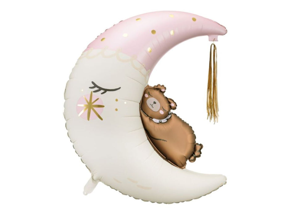 34" Shape Folienballon "Teddybär auf dem Mond" - Rosa | 80x98cm