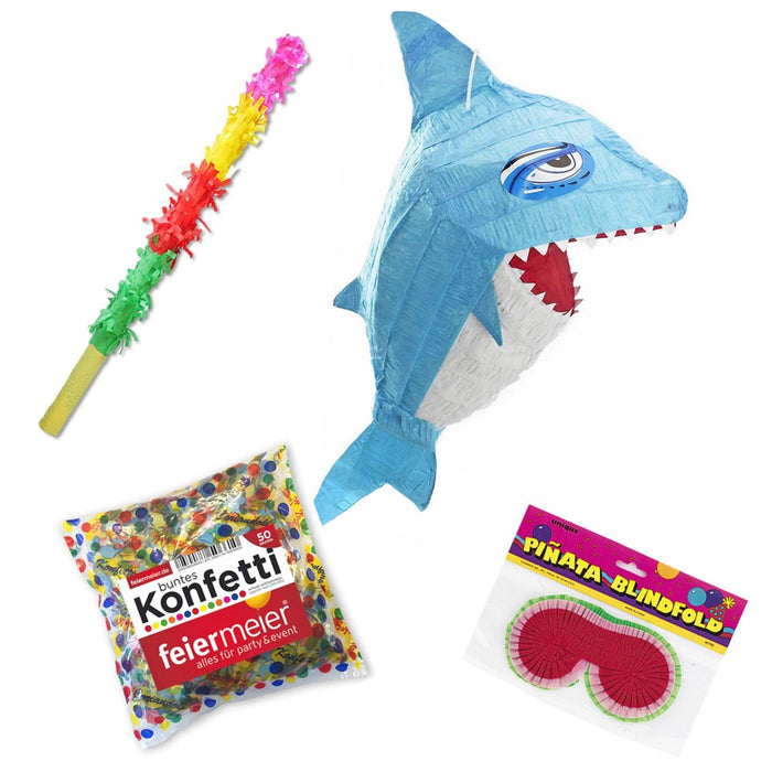 feiermeier Hai-Pinata Set für Kindergeburtstag – Komplett mit Schläger, Maske & Konfetti