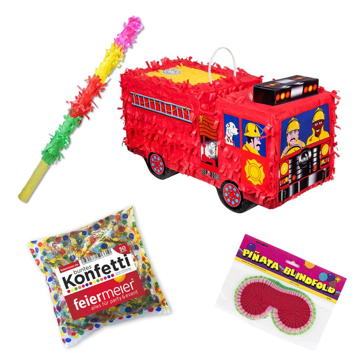 feiermeier Feuerwehr-Pinata Set für Kindergeburtstag – Komplett mit Schläger, Maske & Konfetti
