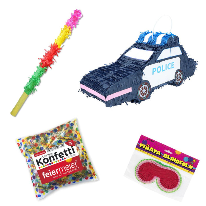 feiermeier Polizei-Pinata Set für Kindergeburtstag – mit Schläger, Maske & Konfetti