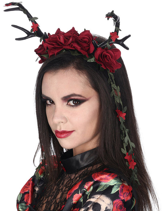Haarreif mit Geweih und Rosen - Kostümzubehör Dunkle Fee | Schwarz Rot