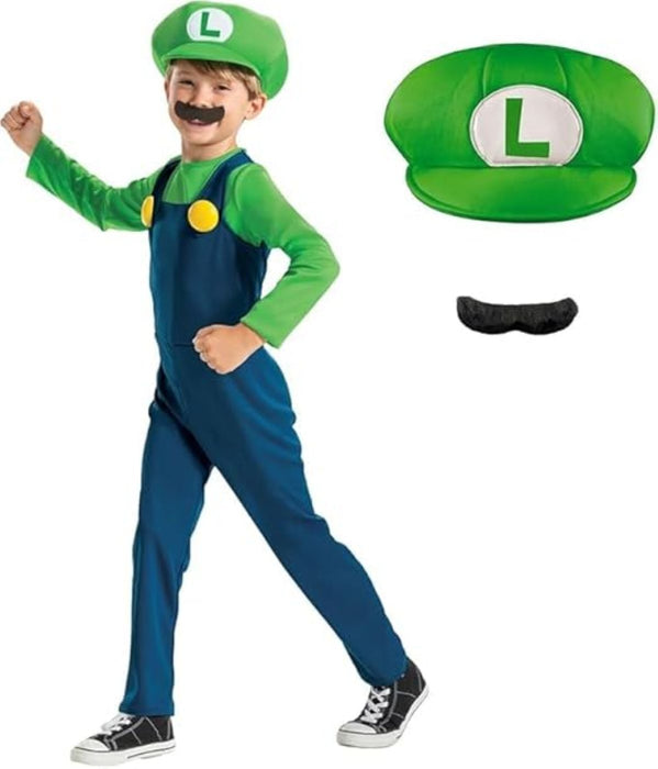 Super Mario Luigi Kinderkostüm Offizielle Lizenzware Größe S (46 Jahre) Verkleidung mit Mütze & Bart