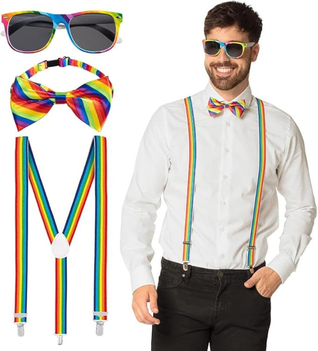 Partyset für Erwachsene | Regenbogen - Hosenträger, Brille und Fliege