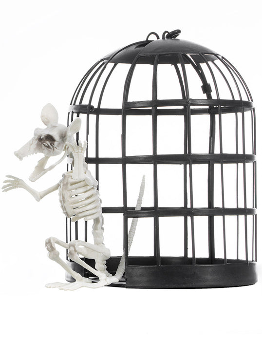 Gruselige Skelett Ratte im Käfig 17x23 cm | Halloween Dekoration