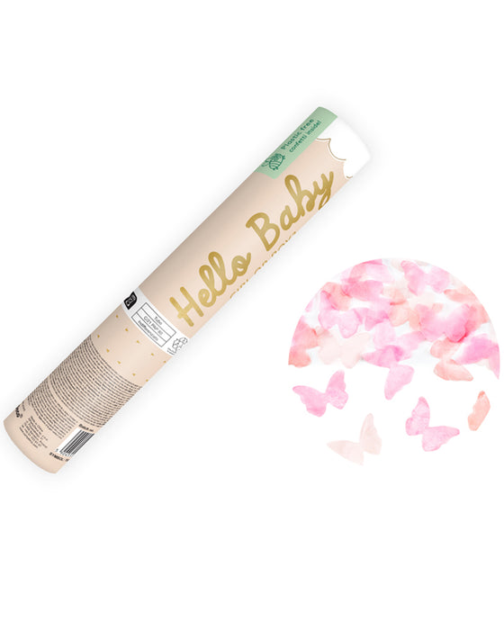 Konfetti Kanone "Hello Baby" 20 cm | Rosa Schmetterlinge