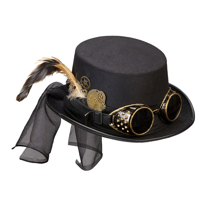 Steampunk Damen Zylinder mit Brille | Schwarz