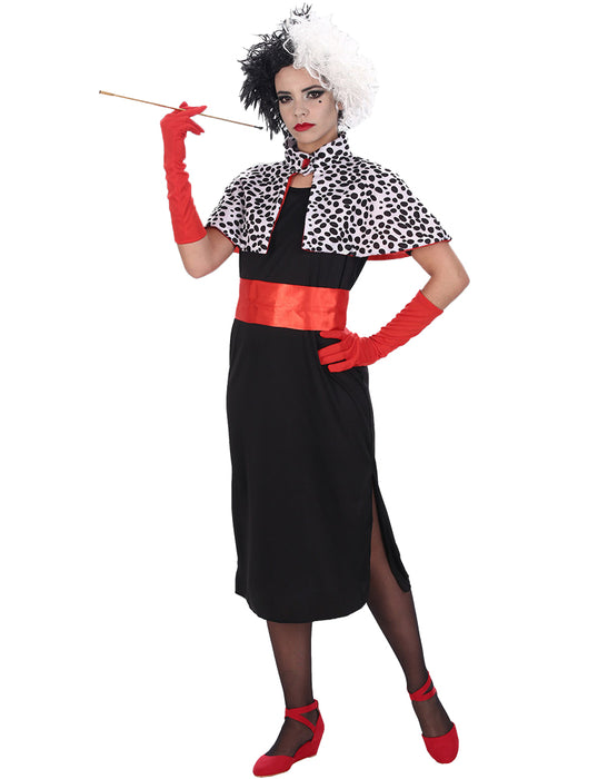Bösewichtin "Cruella" Kostüm für Damen - 5-tlg. | Schwarz Weiß Rot