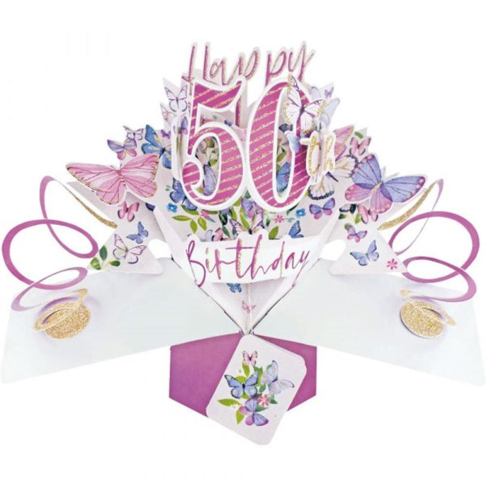 Grußkarte PopUp "Happy 50th Birthday" Schmetterlinge