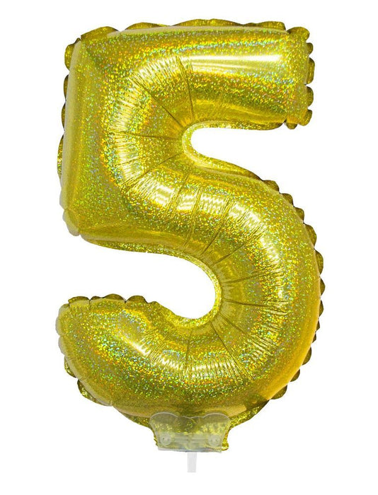 Zahlen Folienballon 41 cm mit Stab - Holografisch Gold Zahl 5