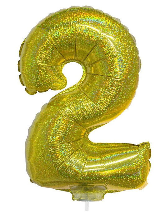 Zahlen Folienballon 41 cm mit Stab - Holografisch Gold Zahl 2