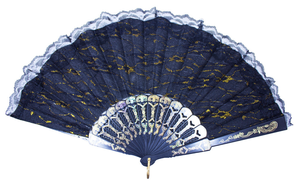 Glitzer Handfächer "Valeria" mit Spitze - Schwarz