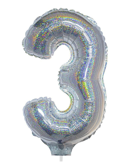Zahlen Folienballon 41 cm mit Stab - Holografisch Silber Zahl 3