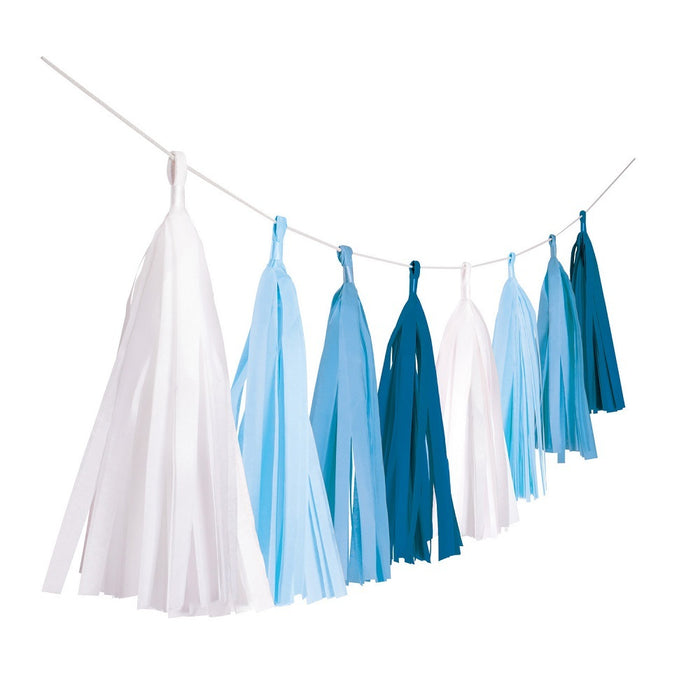 "Sky Blue" Fransen Pompon Girlande - Blau / Weiß 300 cm