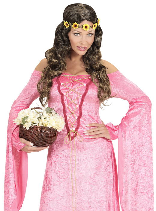 Hippie Langhaar Locken Perücke "Maike" mit Blumen Stirnband | Braun