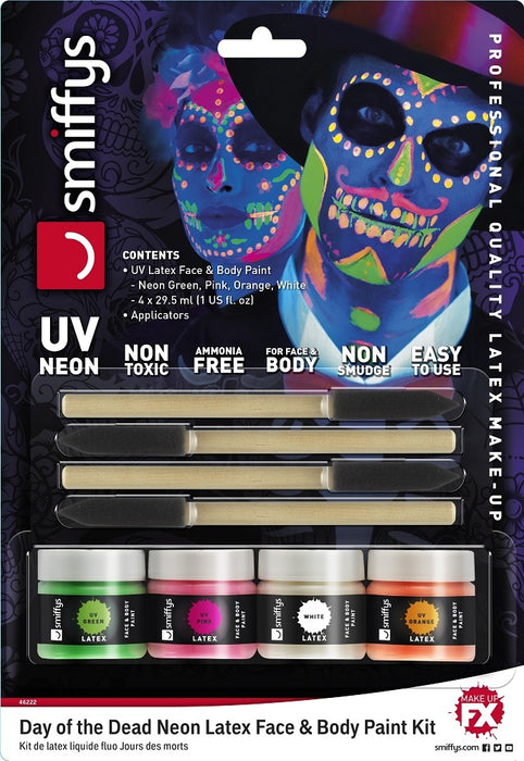 Flüssiglatex Set mit Applikator 4 x 29,5 ml - Neon Day of the Dead